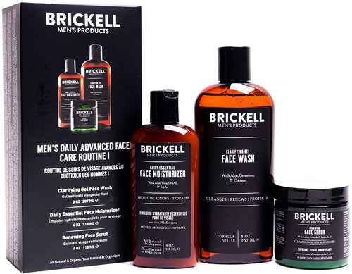 Brickell Men's Daily Advanced Face Care Routine I - Gel Facial Cleanser Wash + Face Scrub + Face Moisturizer Lotion - Natural & Organic