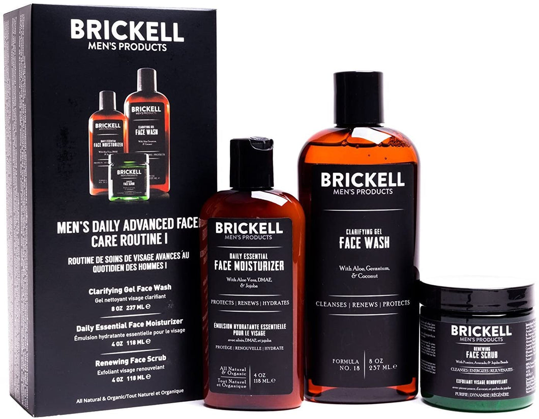 Brickell Men's Daily Advanced Face Care Routine I - Gel Facial Cleanser Wash + Face Scrub + Face Moisturizer Lotion - Natural & Organic