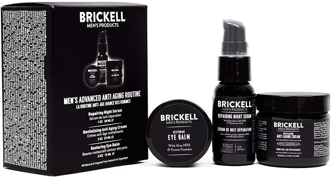 Brickell Men's Advanced Anti-Aging Routine - Night Face Cream, Vitamin C Facial Serum and Eye Cream - Natural & Organic