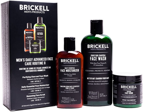 Brickell Men's Daily Advanced Face Care Routine II - Activated Charcoal Facial Cleanser + Face Scrub + Face Moisturizer Lotion - Natural & Organic