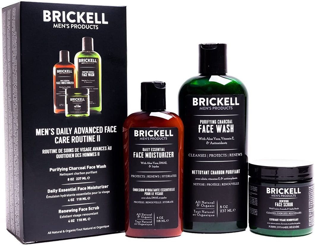 Brickell Men's Daily Advanced Face Care Routine II - Activated Charcoal Facial Cleanser + Face Scrub + Face Moisturizer Lotion - Natural & Organic